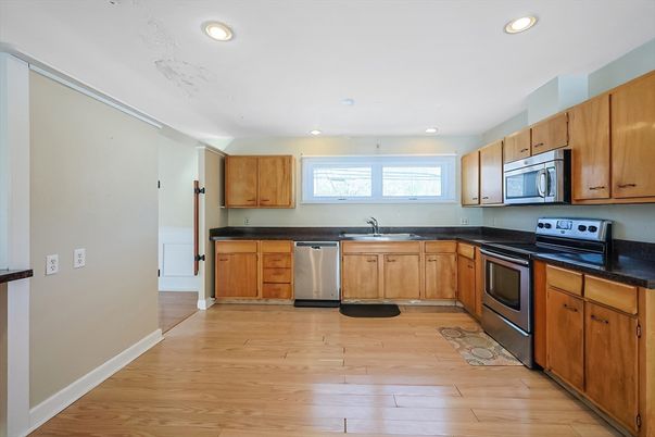 Interior, Kitchen, Recessed Lighting, Stainless Steel Appliances, Wood Texture Flooring