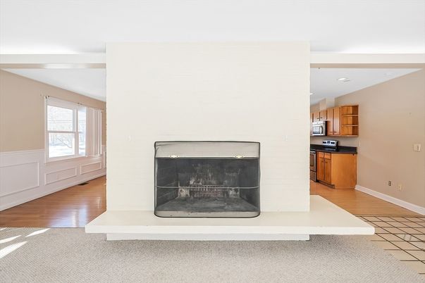 Fireplace, Interior, Kitchen, Recessed Lighting, Wood Texture Flooring