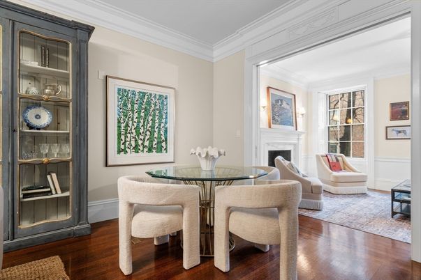 Dining room, Fireplace, Interior, Wood Texture Flooring