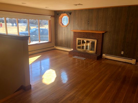 Empty room, Fireplace, Interior, Recessed Lighting, Wood Texture Flooring, Wooden Walls