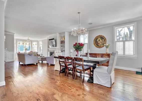 Chandelier, Dining room, Fireplace, Interior, Living room, Pendant Lights, Wood Texture Flooring