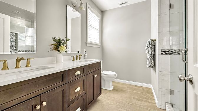 Bathroom, Dual Sink Vanities, Glass Shower, Interior, Wood Texture Flooring
