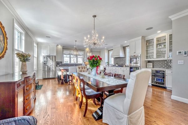 Chandelier, Dining room, Interior, Kitchen, Recessed Lighting, Stainless Steel Appliances, Wood Texture Flooring