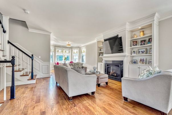 Fireplace, Interior, Living room, Recessed Lighting, Wood Texture Flooring