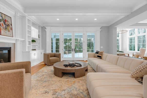 Chandelier, Fireplace, Interior, Living room, Recessed Lighting, Wood Texture Flooring