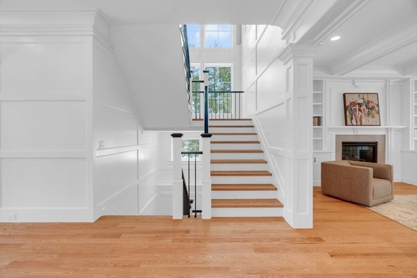 Fireplace, Interior, Recessed Lighting, Wood Texture Flooring