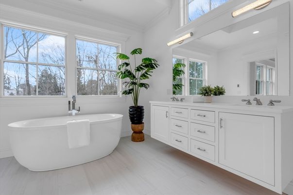 Bathroom, Dual Sink Vanities, Free Standing Baths, Interior, Recessed Lighting, Wood Texture Flooring