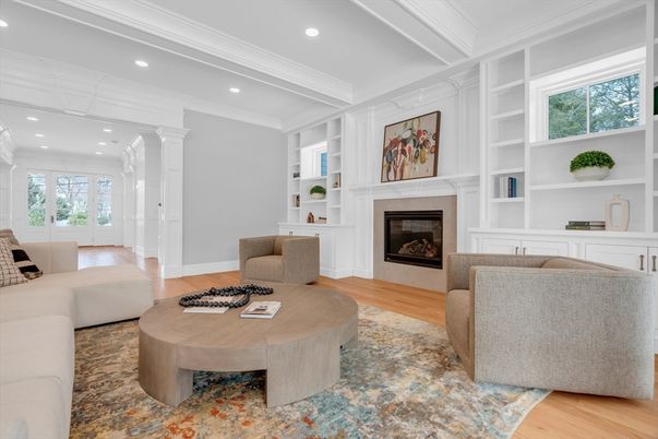 Fireplace, Interior, Living room, Recessed Lighting, Wood Texture Flooring