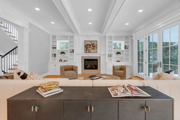Fireplace, Interior, Living room, Recessed Lighting, Wood Texture Flooring
