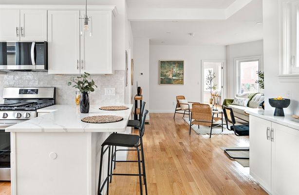 Interior, Kitchen, Living room, Pendant Lights, Recessed Lighting, Stainless Steel Appliances, Wood Texture Flooring