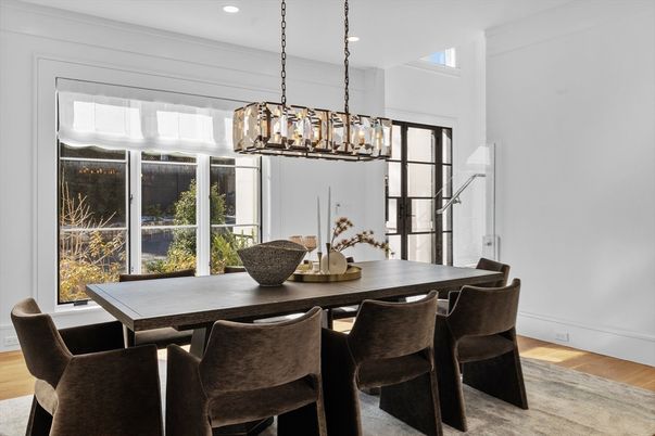 Dining room, Interior, Pendant Lights, Recessed Lighting, Wood Texture Flooring