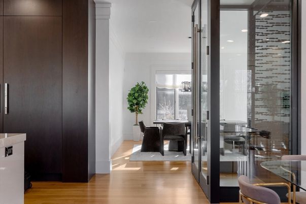 Dining room, Interior, Recessed Lighting, Wood Texture Flooring