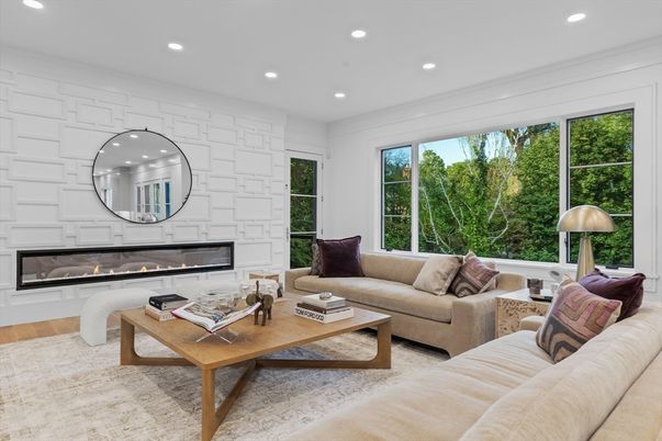 Fireplace, Interior, Living room, Recessed Lighting, Stone Walls, Wood Texture Flooring