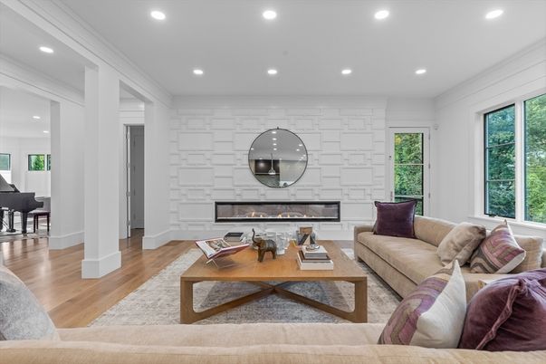 Fireplace, Interior, Living room, Piano, Recessed Lighting, Stone Walls, Wood Texture Flooring