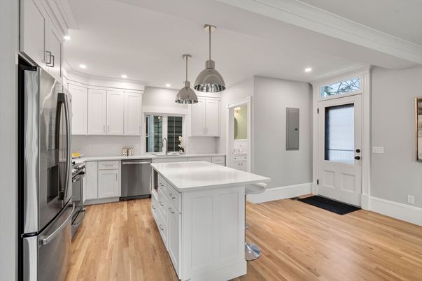 Interior, Kitchen, Pendant Lights, Recessed Lighting, Stainless Steel Appliances, Wood Texture Flooring