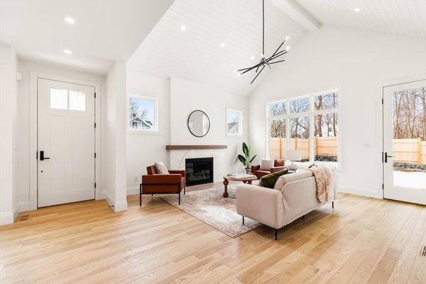 Fireplace, Interior, Living room, Pendant Lights, Recessed Lighting, Wood Texture Flooring