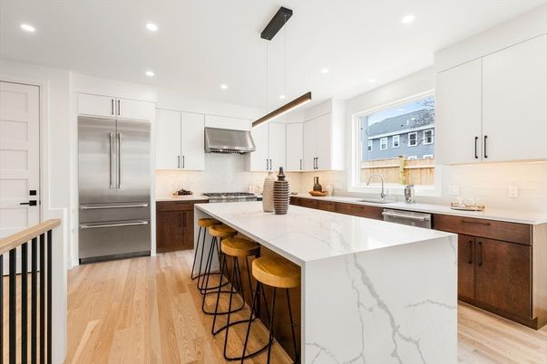 Interior, Kitchen, Pendant Lights, Recessed Lighting, Stainless Steel Appliances, Wood Texture Flooring