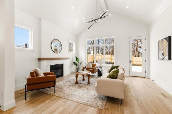 Fireplace, Interior, Living room, Pendant Lights, Recessed Lighting, Wood Texture Flooring