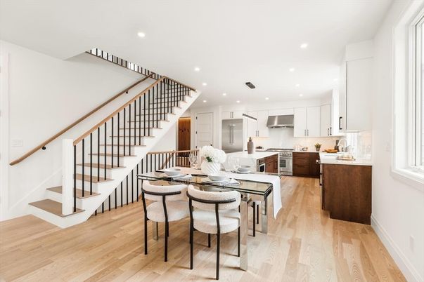 Dining room, Interior, Kitchen, Pendant Lights, Recessed Lighting, Stainless Steel Appliances, Wood Texture Flooring