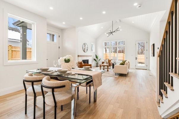Dining room, Fireplace, Interior, Living room, Pendant Lights, Recessed Lighting, Wood Texture Flooring