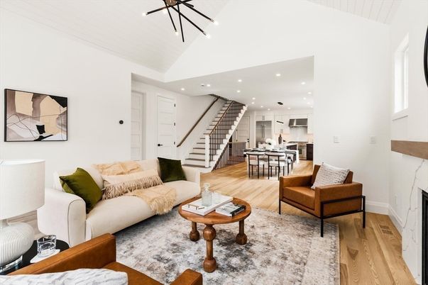 Dining room, Fireplace, Interior, Kitchen, Living room, Pendant Lights, Recessed Lighting, Stainless Steel Appliances, Wood Texture Flooring