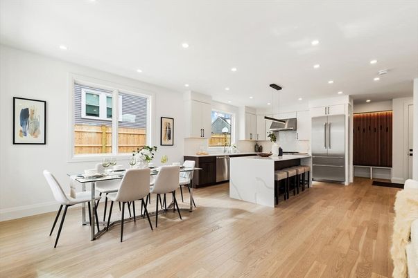 Dining room, Interior, Kitchen, Pendant Lights, Recessed Lighting, Stainless Steel Appliances, Wood Texture Flooring