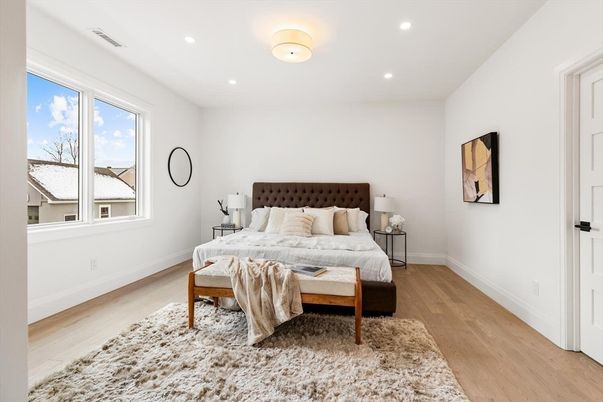 Bedroom, Interior, Recessed Lighting, Wood Texture Flooring