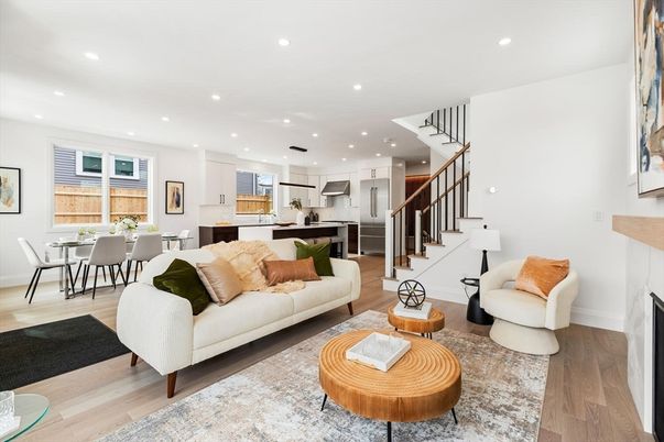 Dining room, Fireplace, Interior, Kitchen, Living room, Pendant Lights, Recessed Lighting, Stainless Steel Appliances, Wood Texture Flooring