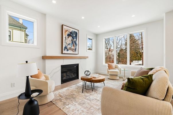 Fireplace, Interior, Living room, Recessed Lighting, Wood Texture Flooring