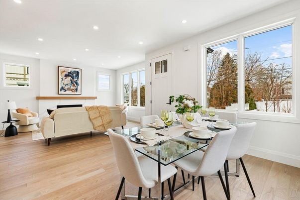 Dining room, Interior, Living room, Recessed Lighting, Wood Texture Flooring