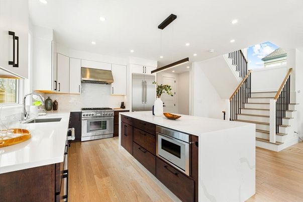 Interior, Kitchen, Pendant Lights, Recessed Lighting, Stainless Steel Appliances, Wood Texture Flooring