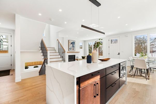 Dining room, Fireplace, Interior, Kitchen, Pendant Lights, Recessed Lighting, Wood Texture Flooring