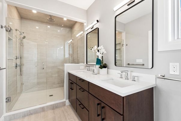 Bathroom, Dual Sink Vanities, Glass Shower, Interior, Recessed Lighting, Wooden Ceilings