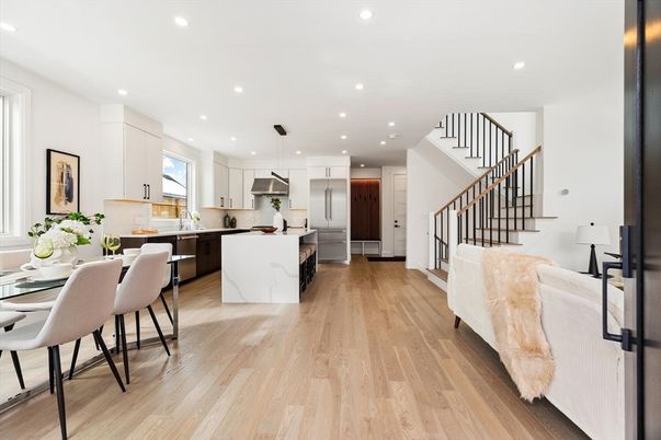Interior, Kitchen, Pendant Lights, Recessed Lighting, Stainless Steel Appliances, Wood Texture Flooring
