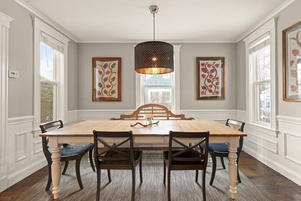 Dining room, Interior, Pendant Lights, Wood Texture Flooring
