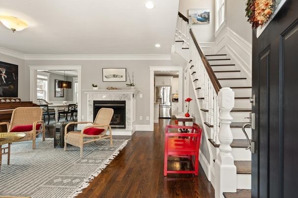 Dining room, Fireplace, Interior, Pendant Lights, Recessed Lighting, Wood Texture Flooring