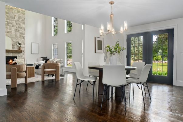 Chandelier, Dining room, Fireplace, Interior, Living room, Wood Texture Flooring