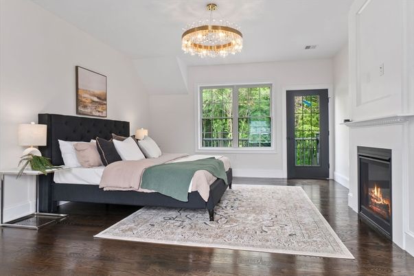 Bedroom, Chandelier, Fireplace, Interior, Wood Texture Flooring