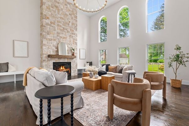 Chandelier, Fireplace, Interior, Living room, Pendant Lights, Stone Walls, Wood Texture Flooring