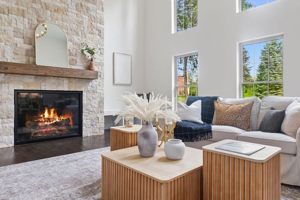 Fireplace, Interior, Living room, Stone Walls, Wood Texture Flooring