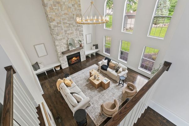 Chandelier, Fireplace, Interior, Living room, Stone Walls, Wood Texture Flooring