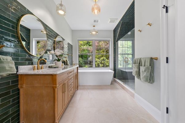 Bathroom, Dual Sink Vanities, Free Standing Baths, Glass Shower, Interior, Pendant Lights