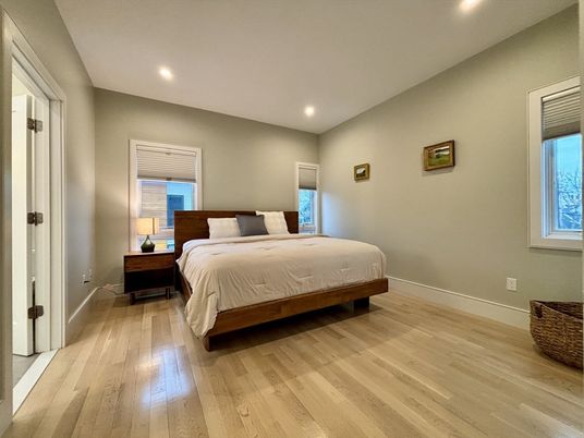 Bedroom, Interior, Recessed Lighting, Wood Texture Flooring