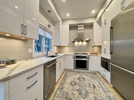 Interior, Kitchen, Recessed Lighting, Stainless Steel Appliances, Wood Texture Flooring