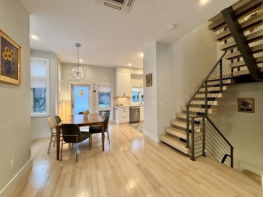 Dining room, Interior, Kitchen, Pendant Lights, Recessed Lighting, Wood Texture Flooring