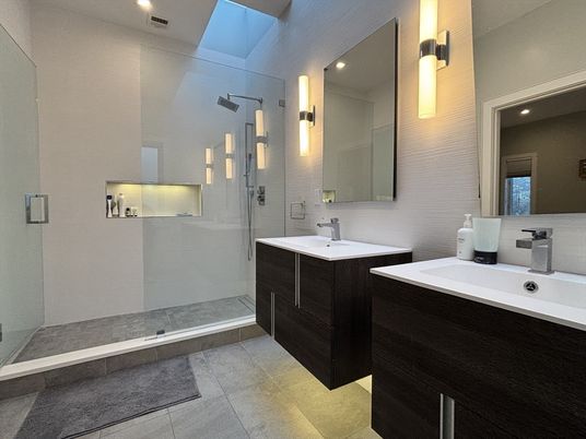 Bathroom, Dual Sink Vanities, Glass Shower, Interior, Recessed Lighting
