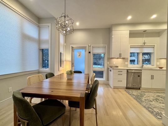Dining room, Interior, Kitchen, Pendant Lights, Recessed Lighting, Stainless Steel Appliances, Wood Texture Flooring
