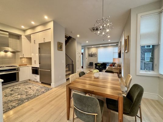Dining room, Interior, Kitchen, Living room, Pendant Lights, Recessed Lighting, Stainless Steel Appliances, Wood Texture Flooring