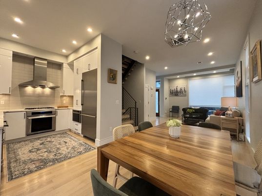 Dining room, Interior, Kitchen, Living room, Recessed Lighting, Stainless Steel Appliances, Wood Texture Flooring