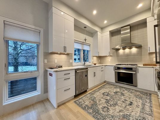 Interior, Kitchen, Recessed Lighting, Stainless Steel Appliances, Wood Texture Flooring